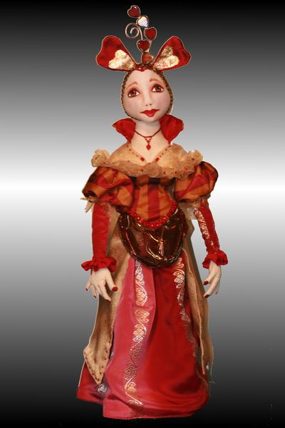 Queen of Hearts - exquisite 17" doll is made of cotton with a knit overlay on the face.  Sewing Pattern Available