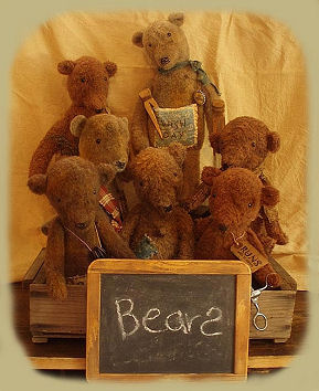 These wonderful plush felt bears are easy to make with round ball heads and a simple gusset. The sitting version is about 11" tall and standing on a wooden base will be approx. 17". Instructions include directions for making them look old and dirty.