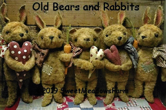 Old Bears and Rabbits - Primative Cloth  Animal Doll Pattern by Maureen Mills of Sweet Meadows Farm