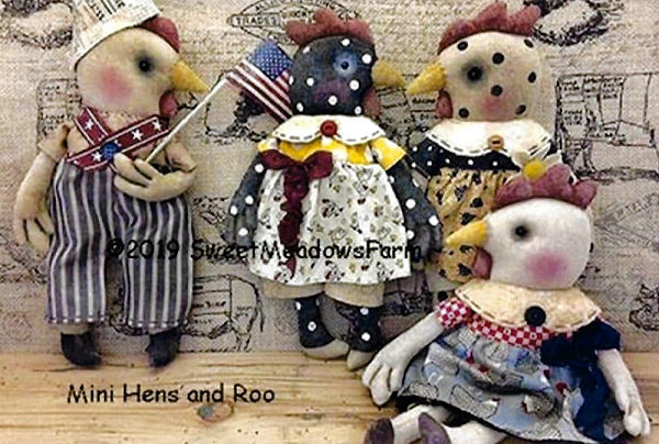 Mini Hens and Roo  - Primative Cloth  Angel Doll Pattern by Maureen Mills of Sweet Meadows Farm