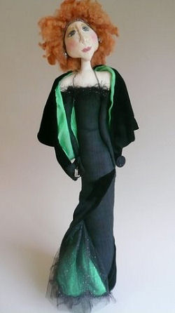 all and thin, this 25” jazz singer is not your typical stump doll as she has the option for her leg/foot in stiletto heel to show out the side slit of her tight black silk dupioni dress.  Art Doll Sewing Pattern Available