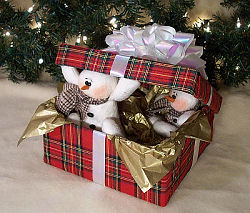 What a delightful centerpiece these 7” snowmen would make peeking out of their fabric covered papier mache box. 