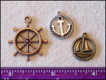 Steampunk Trinkets - Nautical Theme for Art Dolls - Bronze ship's wheel, silver rope circle anchor, & bronze rope circle sailboat 