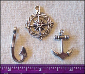 Steampunk Trinkets - Nautical Theme for Art Dolls - Silver compass rose, anchor, & fish hook