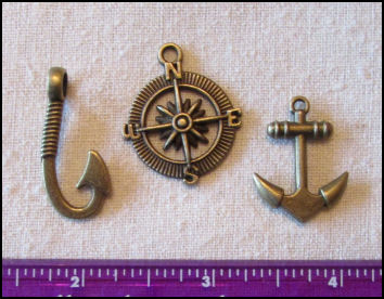 Steampunk Trinkets - Nautical Theme for Art Dolls - Bronze compass rose, anchor, & fish hook 