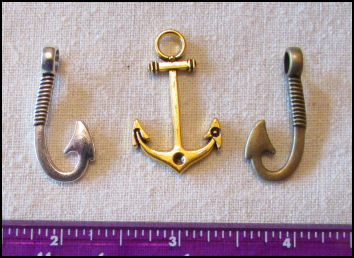 Steampunk Trinkets - Nautical Theme for Art Dolls -  Gold anchor, silver fish hook, &bronze fish hook