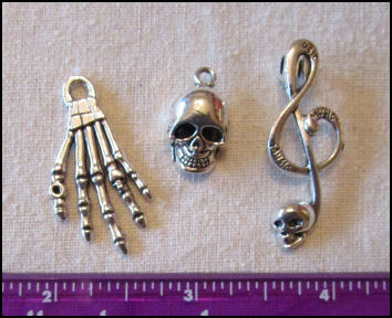 Steampunk Trinkets - Pirates Theme  for Art Dolls - Silver skeleton hand (flat), skull, & Treble clef with skull 