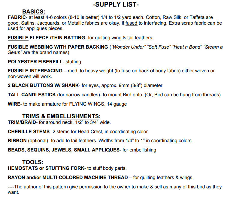 Supply List for Arley Berryhill Pattern