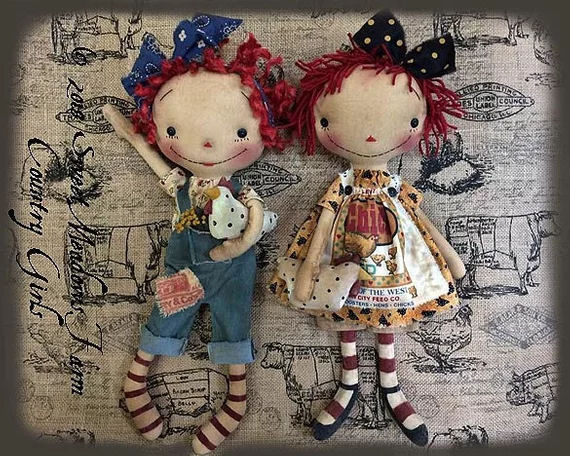 9 inch Muffie and Benny Primitive art dolls MAILED PATTERNL sewing originals by Dumplinragamuffin # 288 fabric dolls